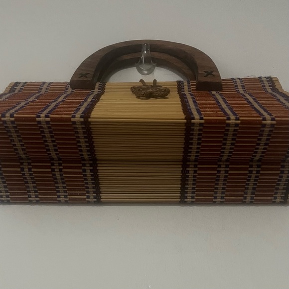 Vintage Collapsible Bamboo Handbag Slatted Double Wooden Handle Rectangle Purse - Picture 4 of 16